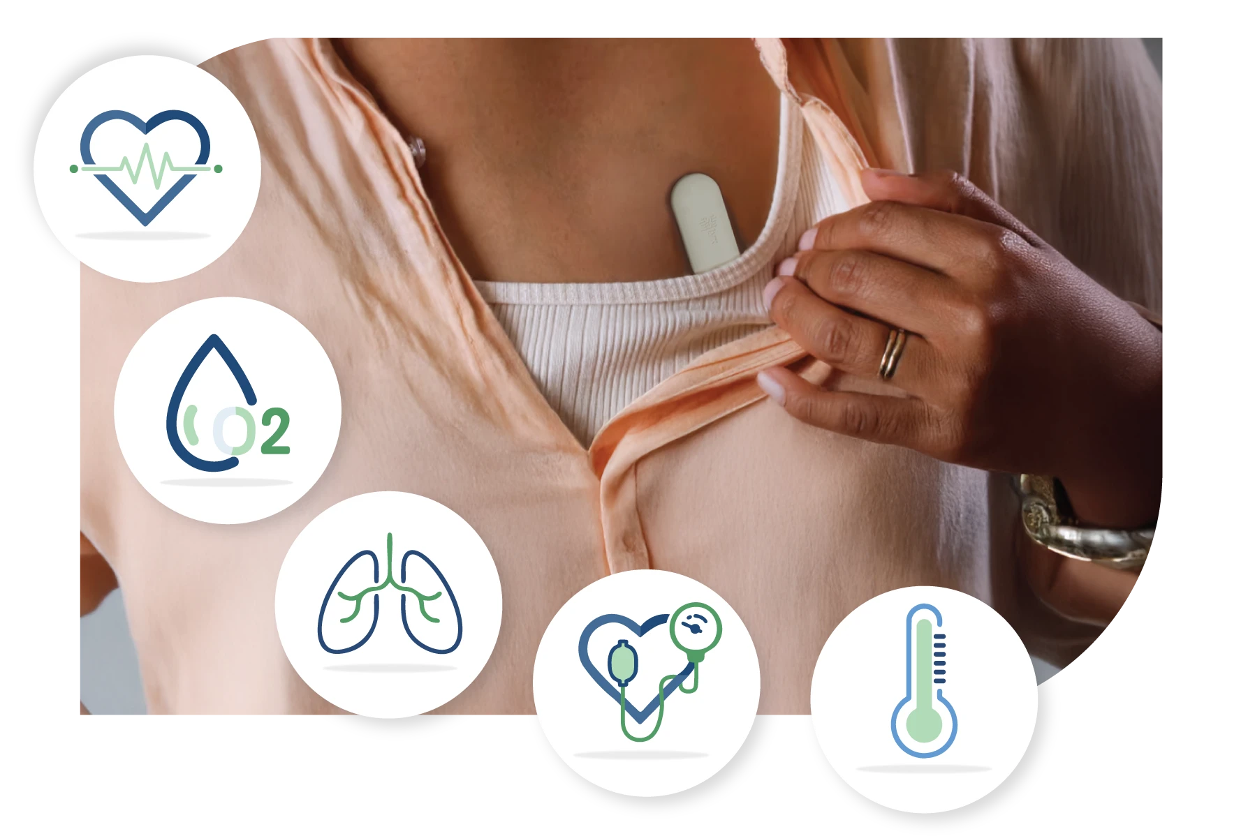 Image showing the six kinds of vitals tracked by the salyx device: heart rate, oxygen level, blood pressure,body temperature and breathing rate.