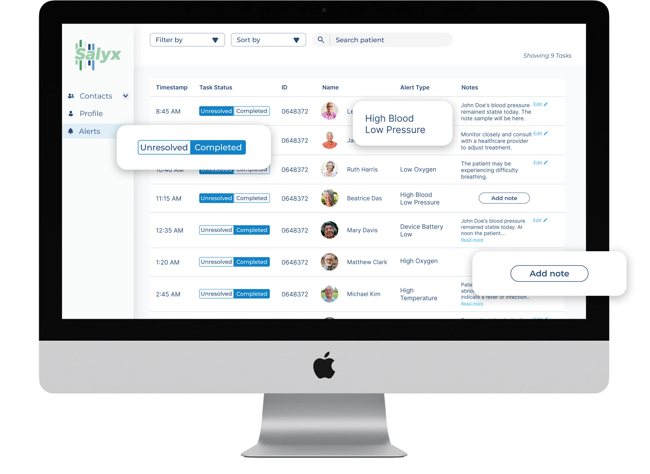 Patient alerts dashboard displaying task status and patient information.