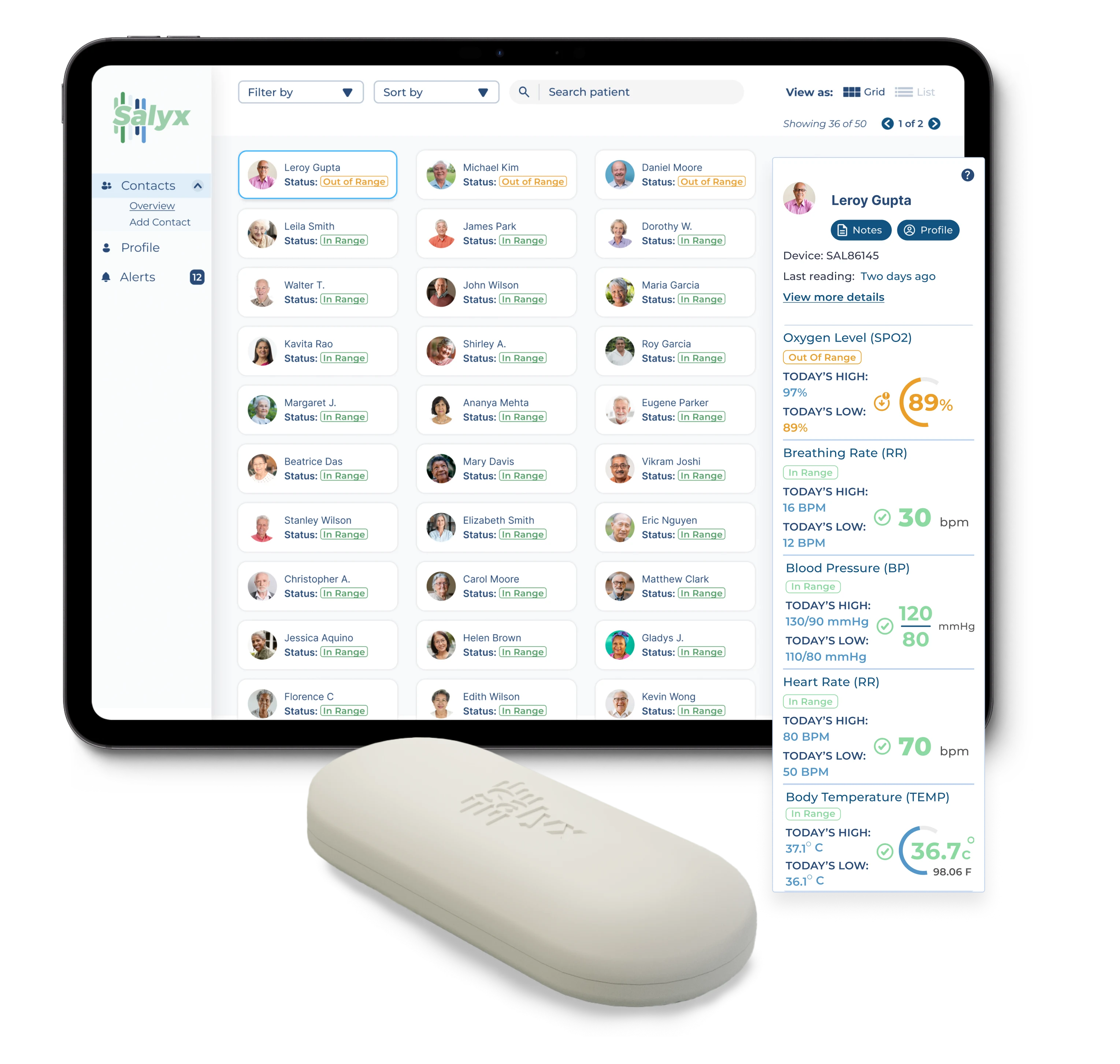 Patient monitoring dashboard displaying various patients and their vital status.